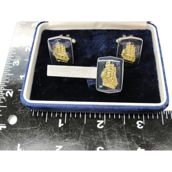 Gold Tone Ships Cufflinks & Neck Tie Clip Set Silver Tone Formal IOB Vintage - Picture 7 of 9